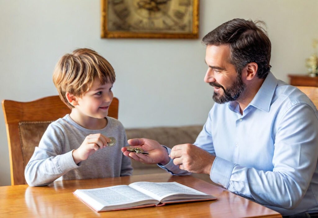 Padre e hijo viendo moneda de plata